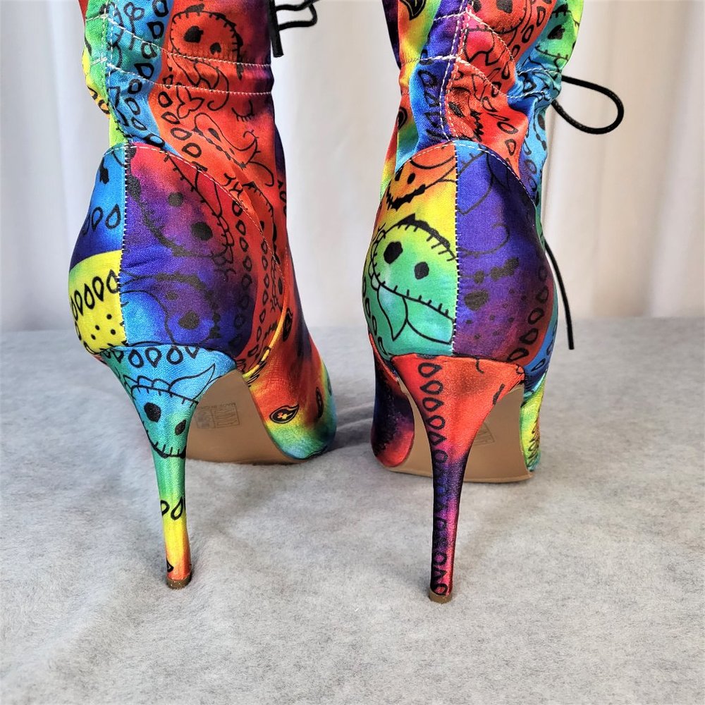 * Mata Bold Tie Dye Drawstring 4" Stiletto High Heel Mid Calf Boots - Picture 9 of 11